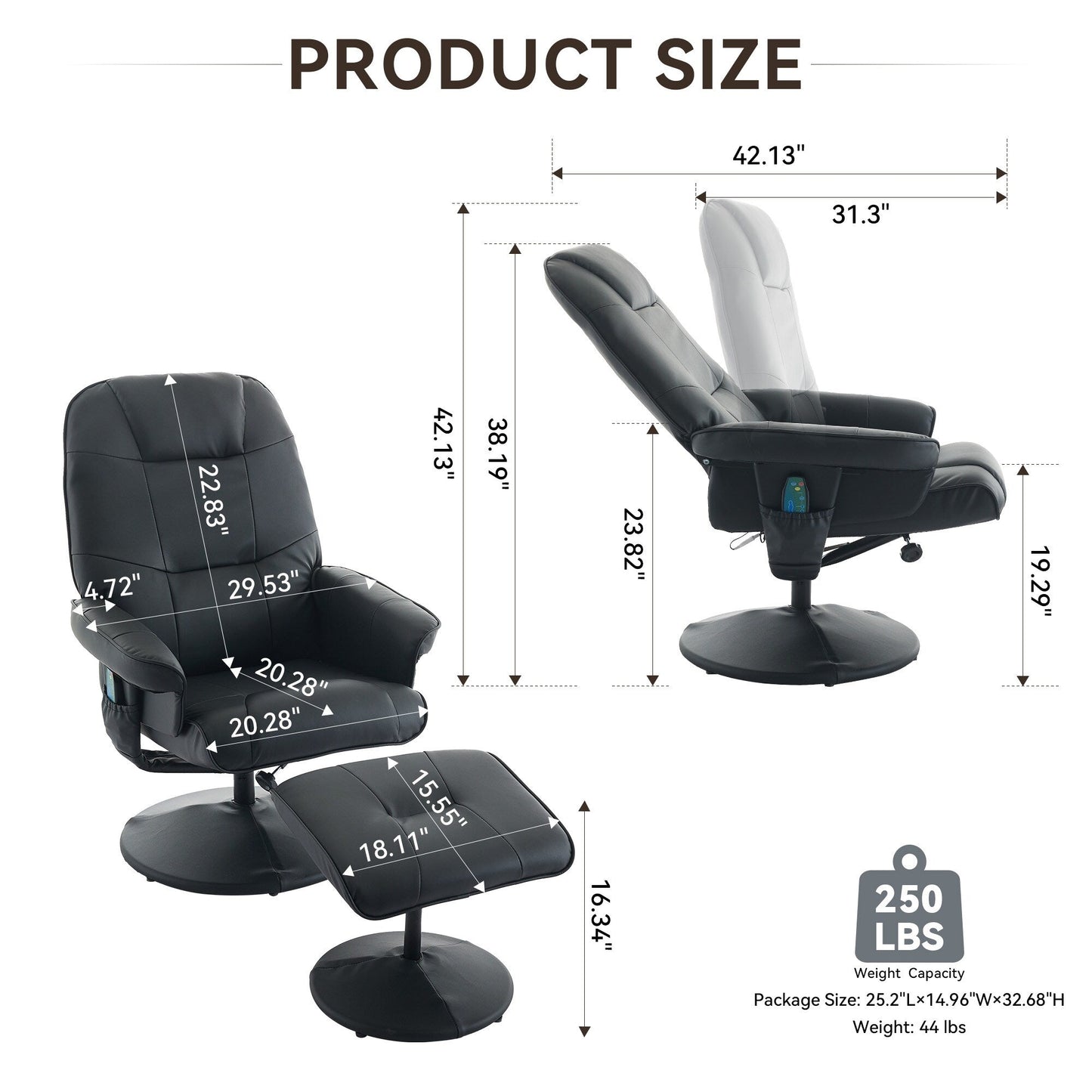 PU Leather 360Â° Swivel Massage Recliner Chair with Ottoman, Massage and Heated Seat, 140Â° Adjustable Backrest