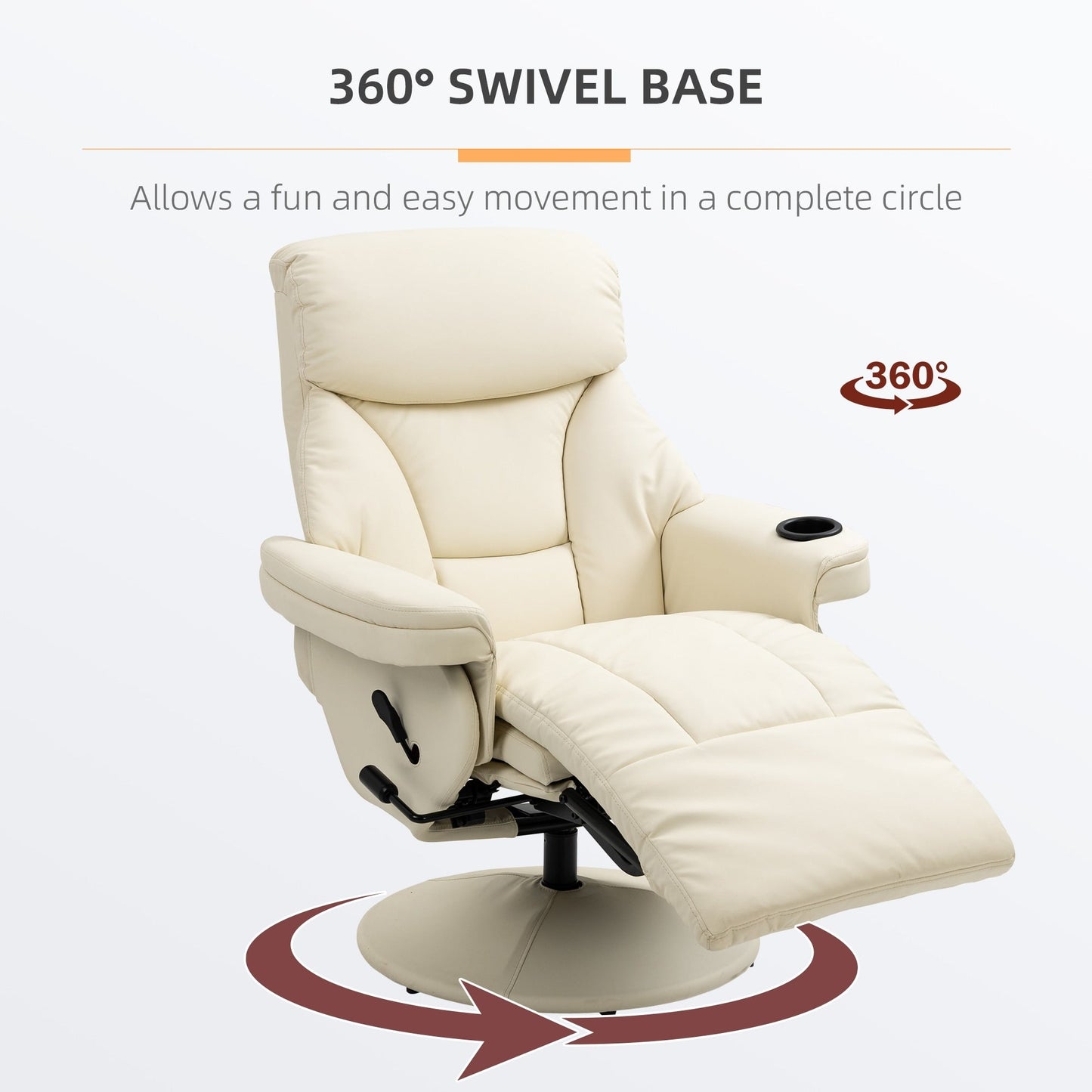 PU Leather 360° Swivel PU Leather Manual Recliner Chair with Footrest, Cup Holder, and Side Pocket