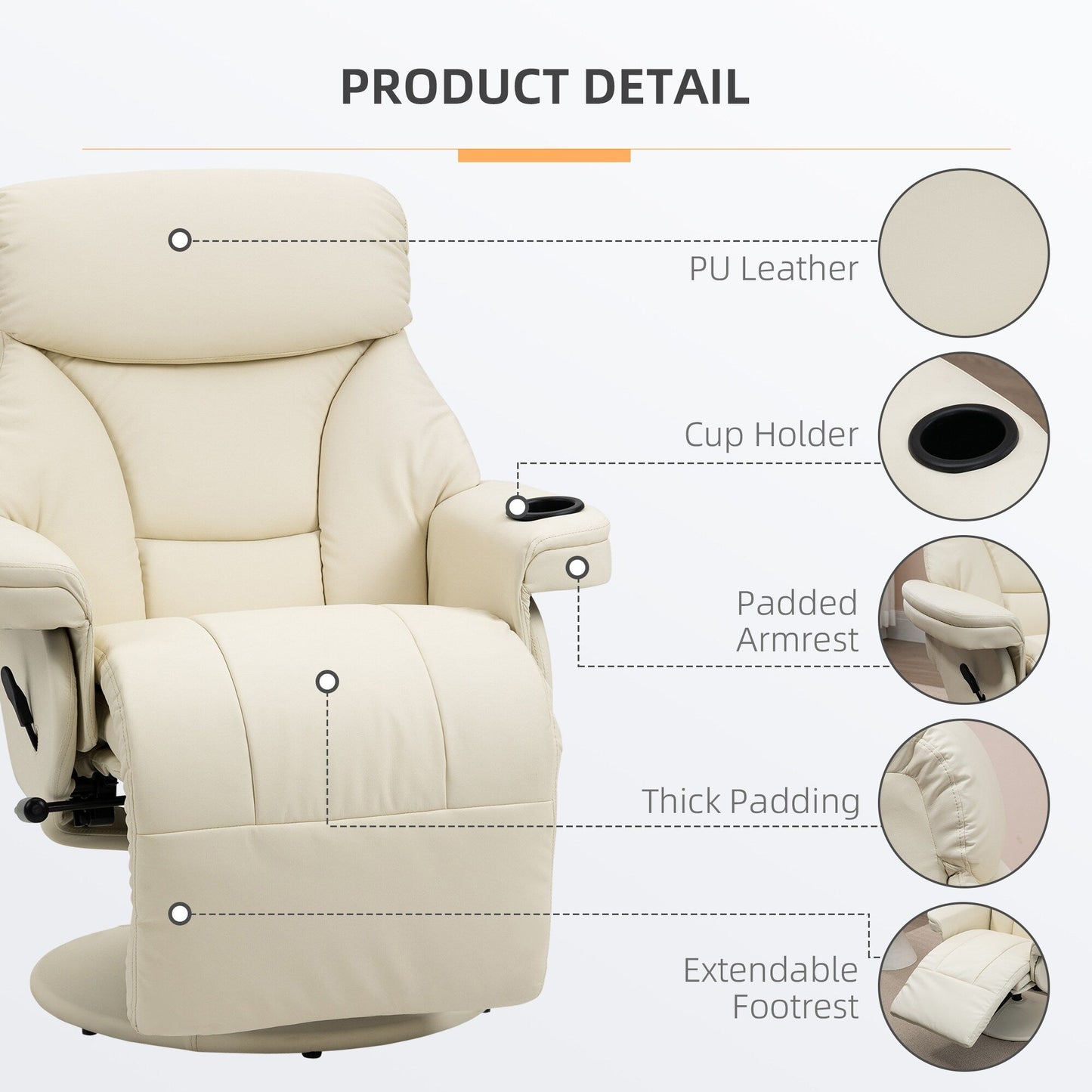 PU Leather 360° Swivel PU Leather Manual Recliner Chair with Footrest, Cup Holder, and Side Pocket