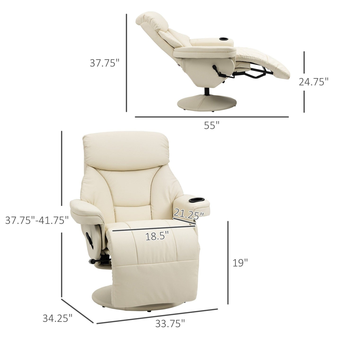 PU Leather 360° Swivel PU Leather Manual Recliner Chair with Footrest, Cup Holder, and Side Pocket