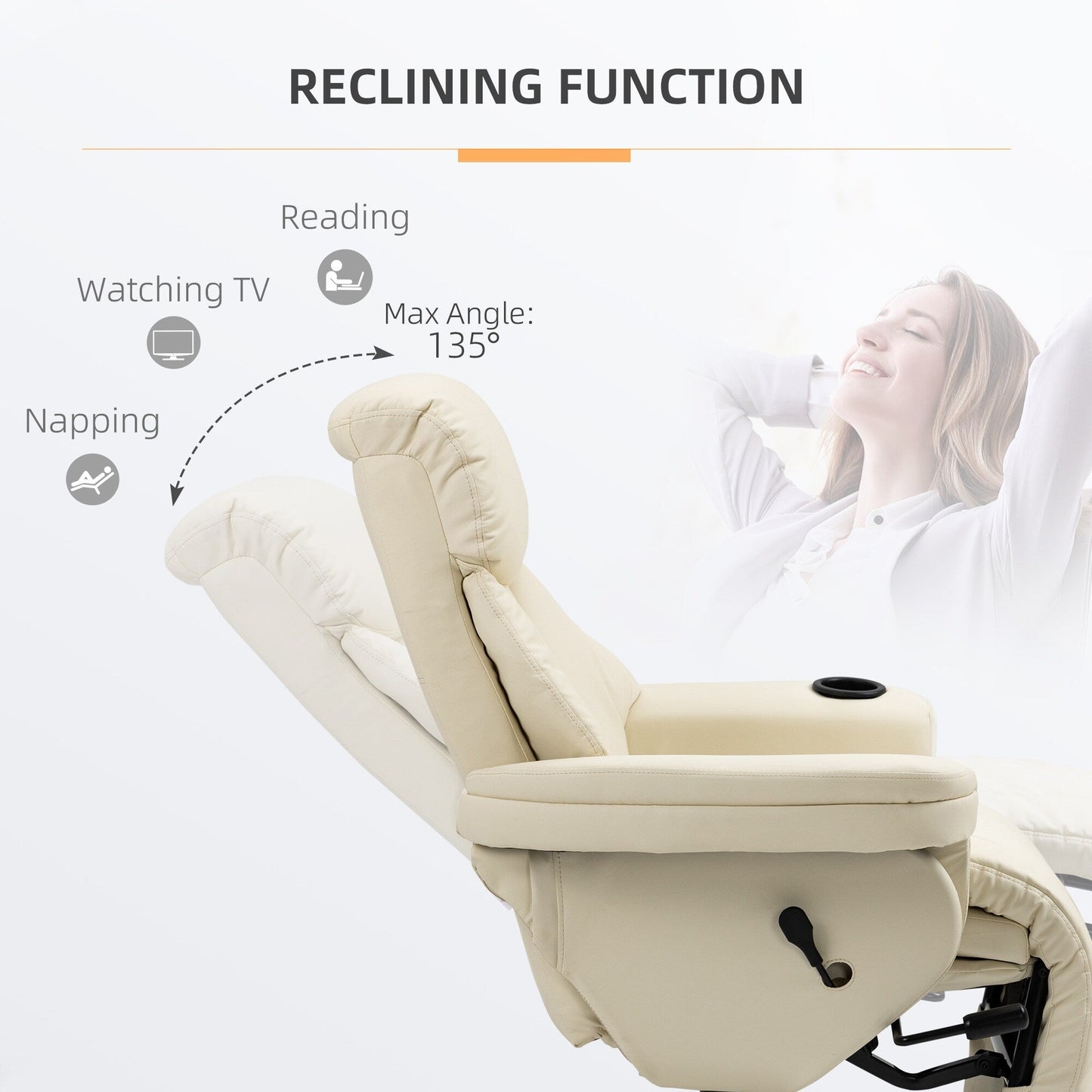 PU Leather 360° Swivel PU Leather Manual Recliner Chair with Footrest, Cup Holder, and Side Pocket