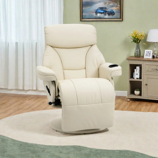 PU Leather 360° Swivel PU Leather Manual Recliner Chair with Footrest, Cup Holder, and Side Pocket