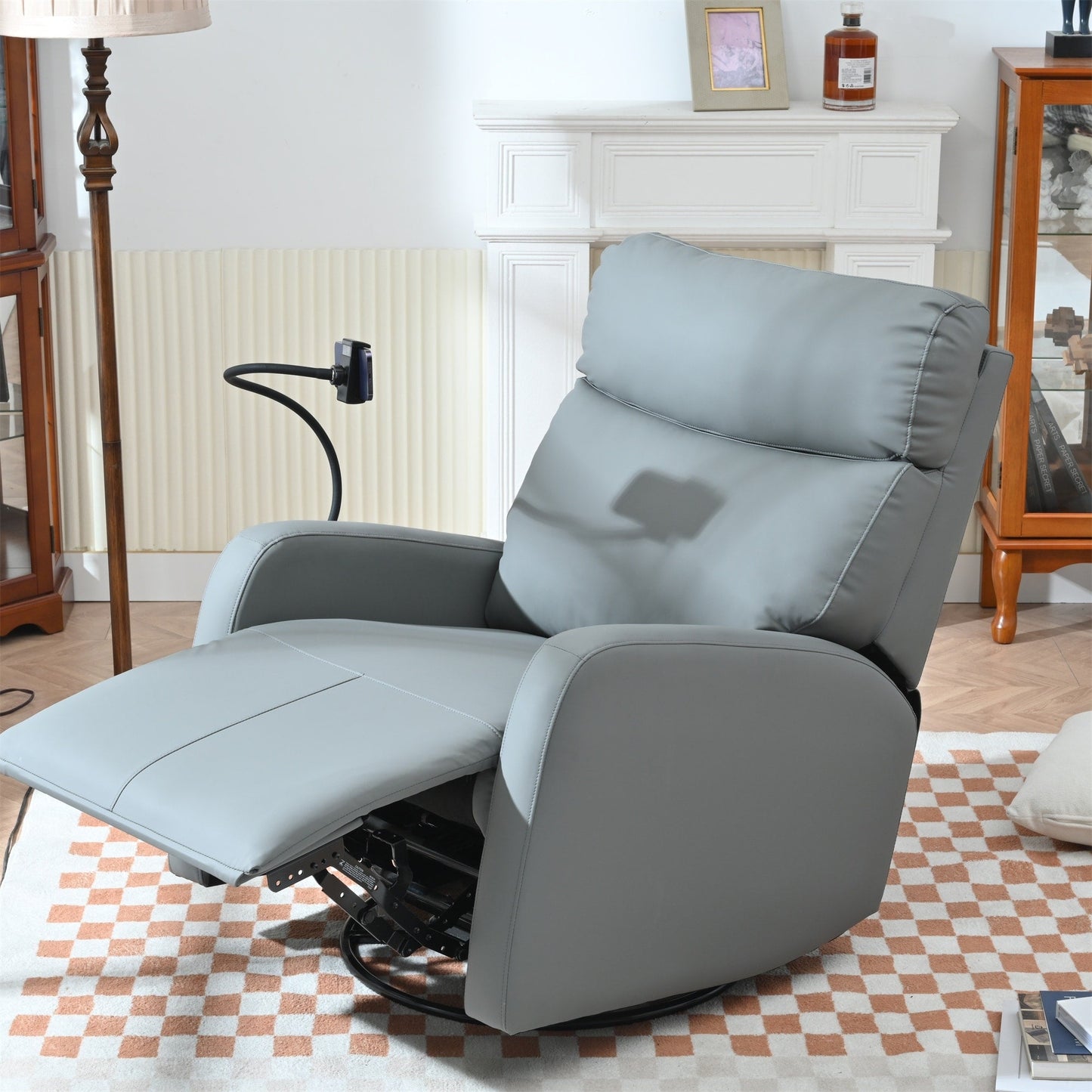 PU Leather 360° Swivel Rocker Recliner with Phone Holder