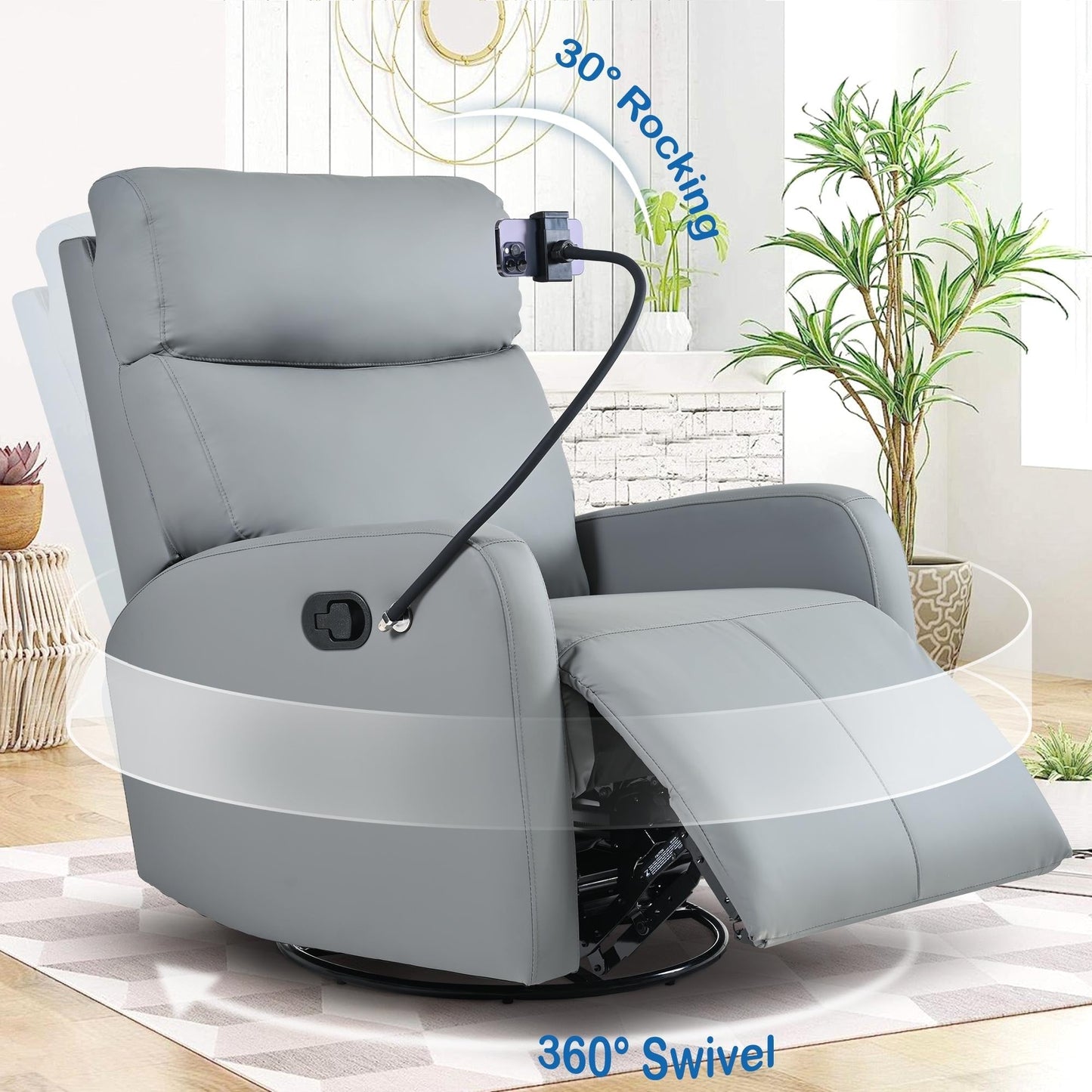 PU Leather 360° Swivel Rocker Recliner with Phone Holder