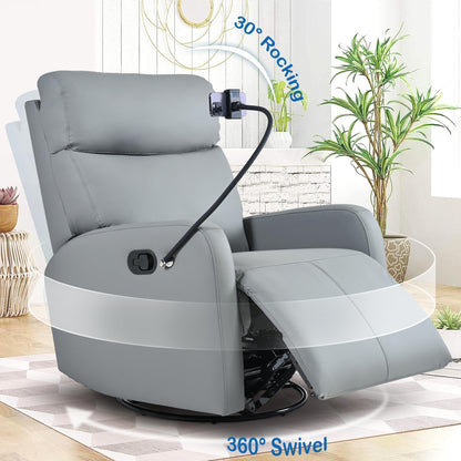 PU Leather 360° Swivel Rocker Recliner with Phone Holder