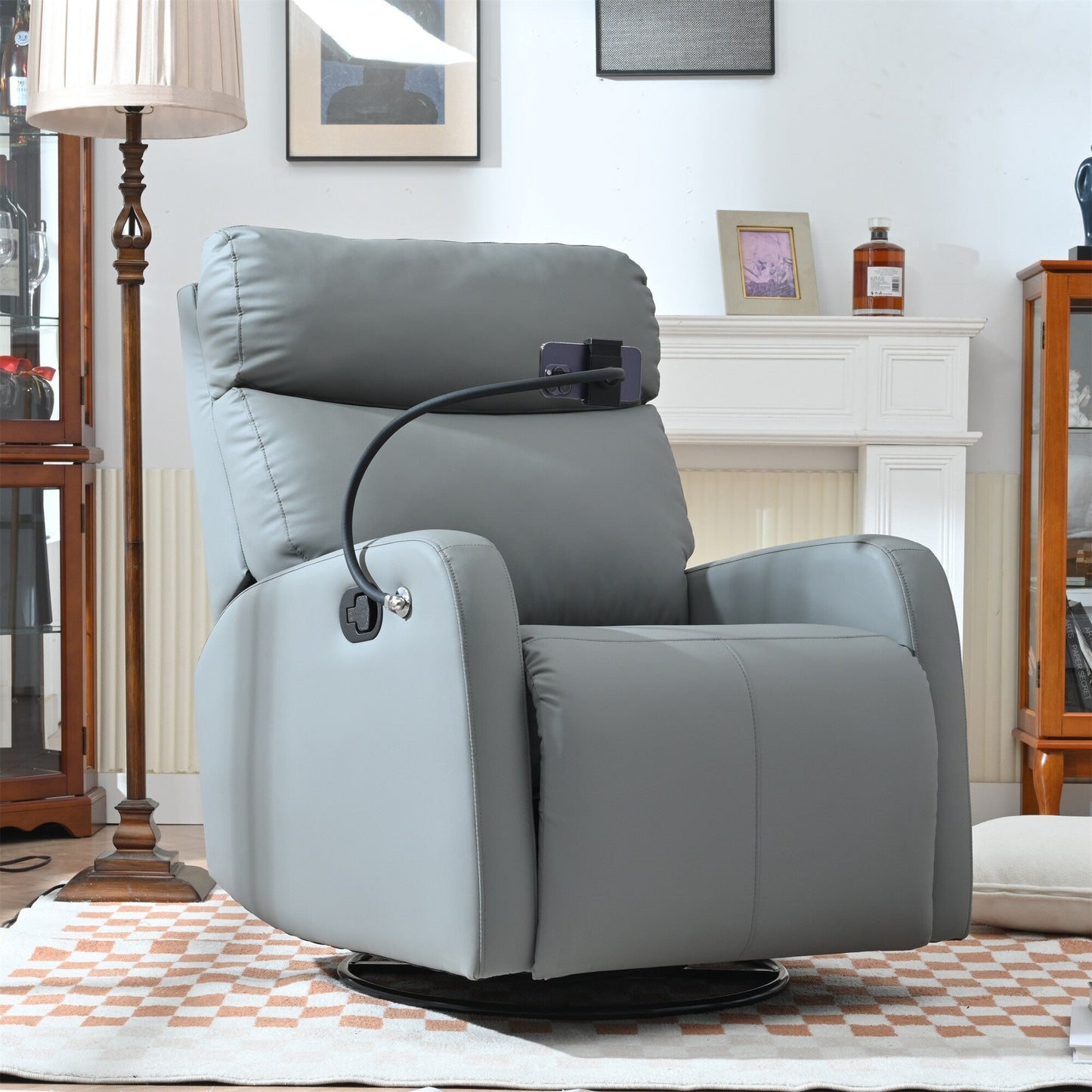 PU Leather 360° Swivel Rocker Recliner with Phone Holder