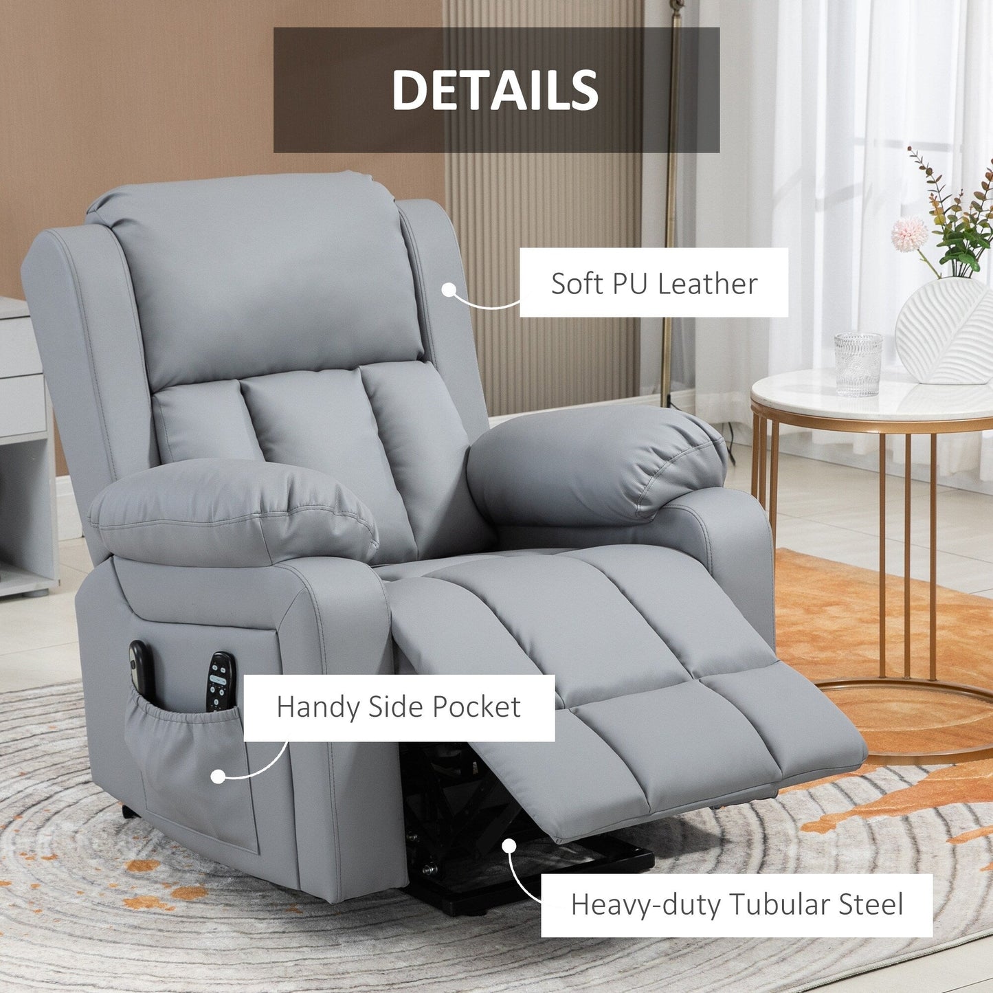 PU Leather Lift Recliner featuring Vibration Massage, Heating, Remote Control, and Side Pockets