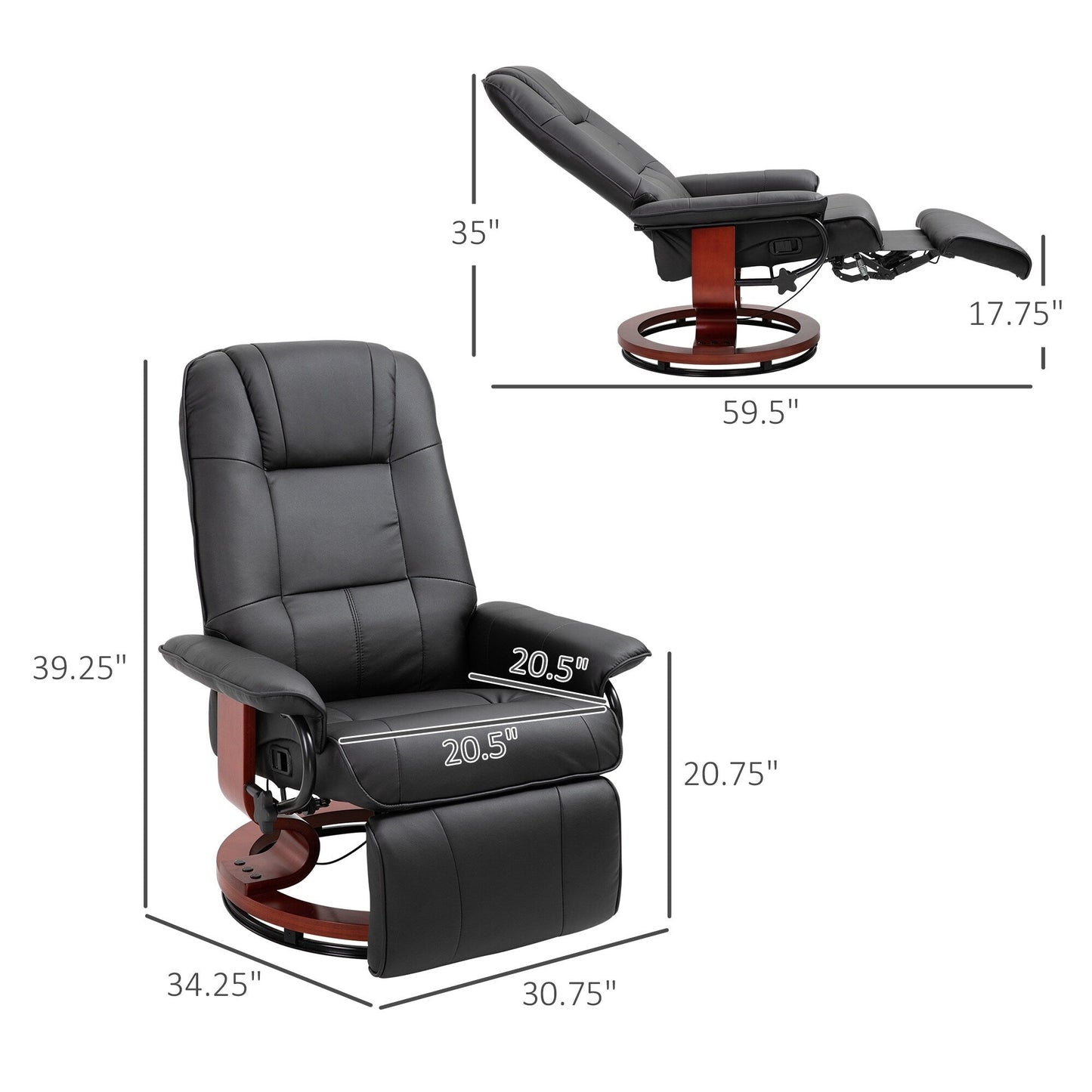PU Leather Manual Recliner Chair Modern Lounge Chair Adjustable Swivel Armchair Chair with Wood Base and Footrest