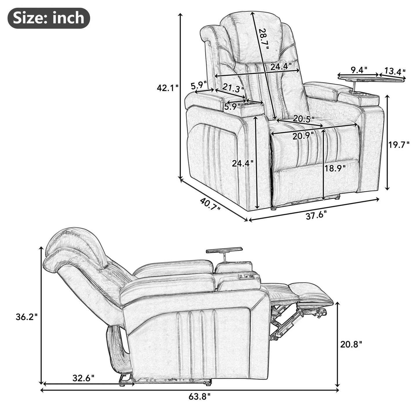 PU Leather Power Recliner Home Theater Recliner with Power Adjustable Headrest, Wireless Charging Device, USB Port, Storage Arms