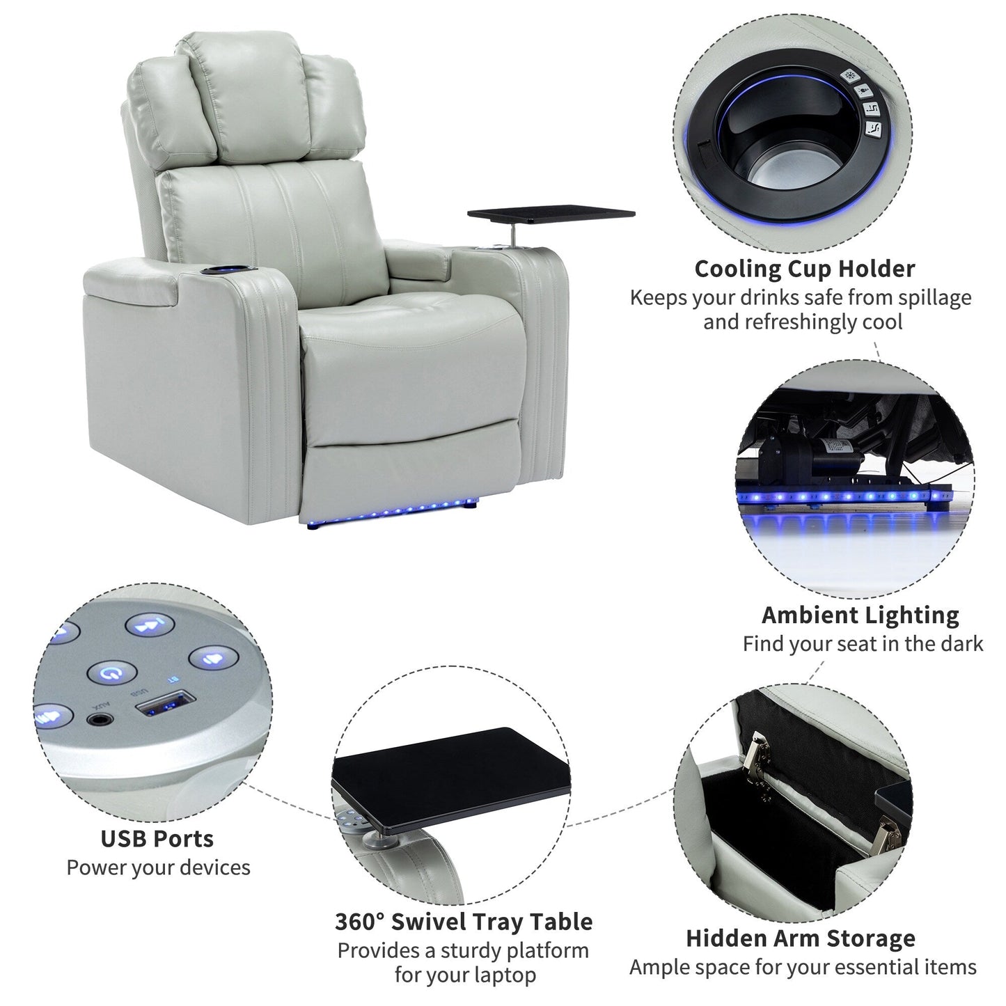 PU Leather Power Recliner Individual Seat Home Theater Recliner with Cooling Cup Holder, Bluetooth Speaker, LED Lights,USB Ports