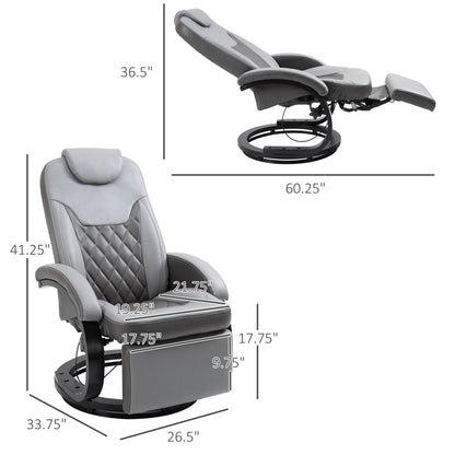 PU Leather Recliner Armchair with Footrest, Diamond Stitch, 135Â° Recline, 360Â° Swivel, Steel/Wood Base, and Headrest