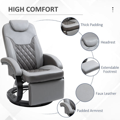 PU Leather Recliner Armchair with Footrest, Diamond Stitch, 135Â° Recline, 360Â° Swivel, Steel/Wood Base, and Headrest