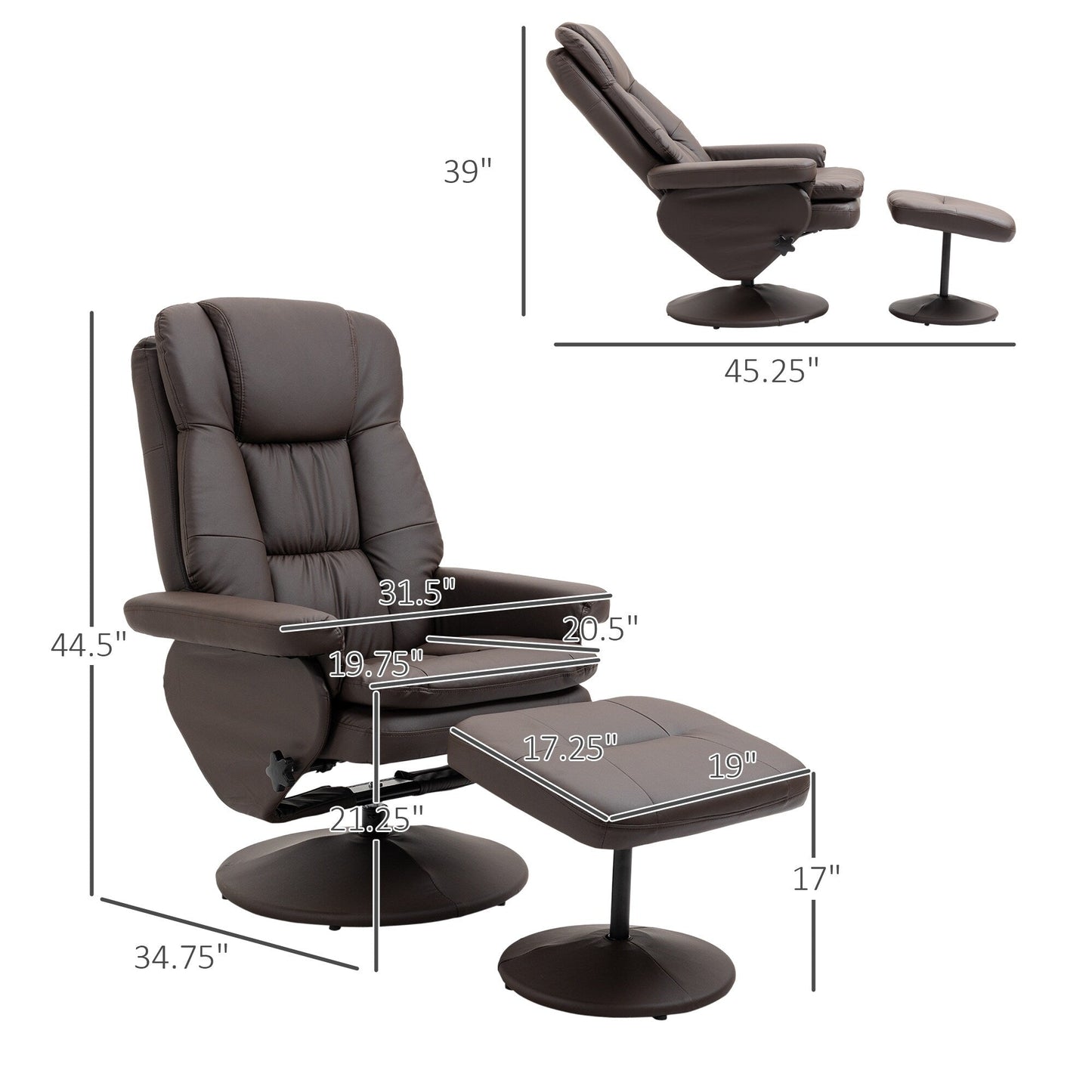 PU Leather Recliner with Adjustable Backrest, 360Â° Swivel, Footrest, High Back, Wrapped Base, Living Room, Bedroom, Home Office