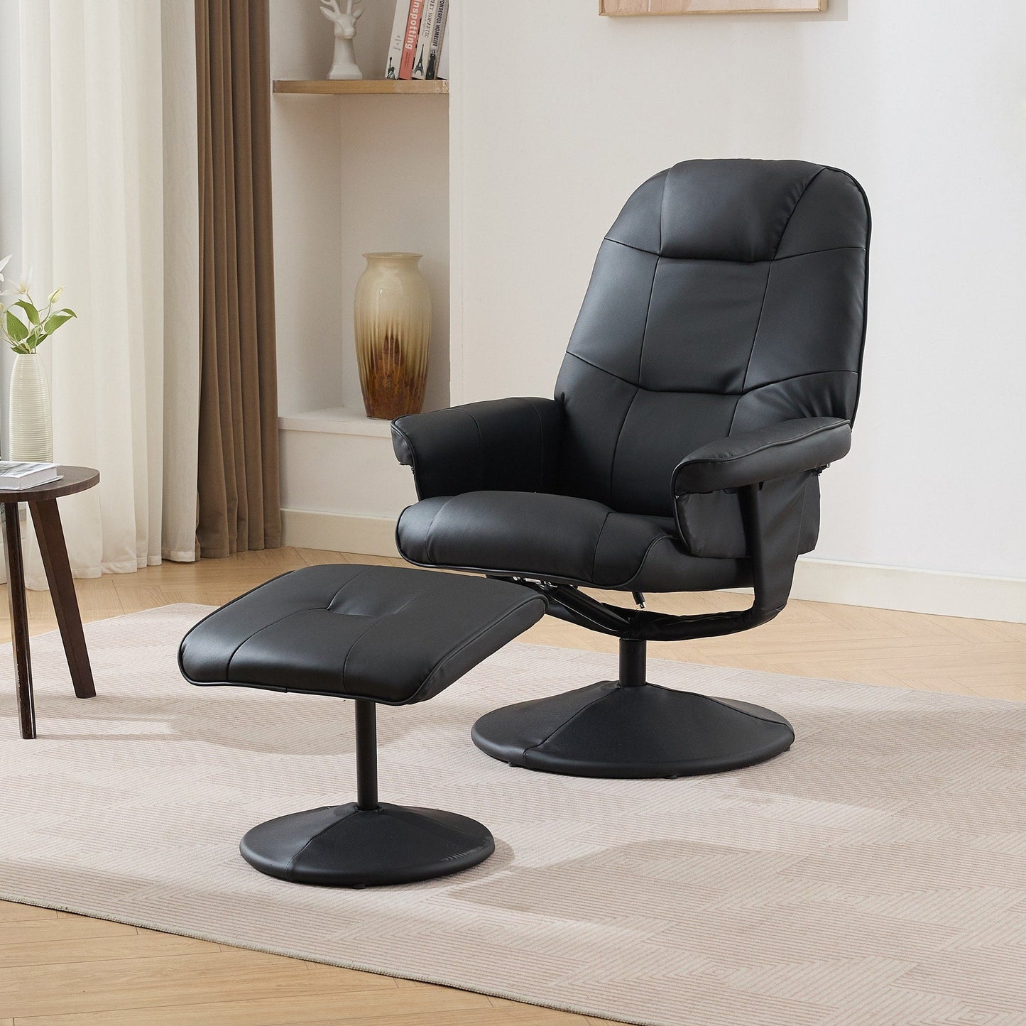 PU Leather Recliner with Ottoman, 360° Swivel Lounge Chair Featuring 5-Point Vibration, Heated Seat & 140° Adjustable Backrest