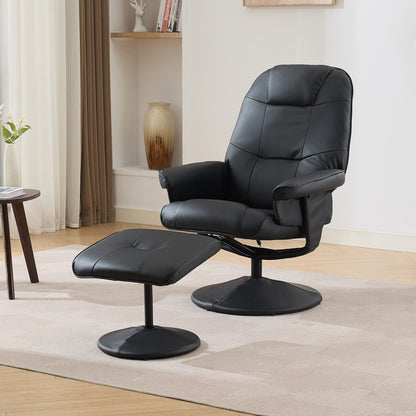 PU Leather Recliner with Ottoman, 360° Swivel Lounge Chair Featuring 5-Point Vibration, Heated Seat & 140° Adjustable Backrest