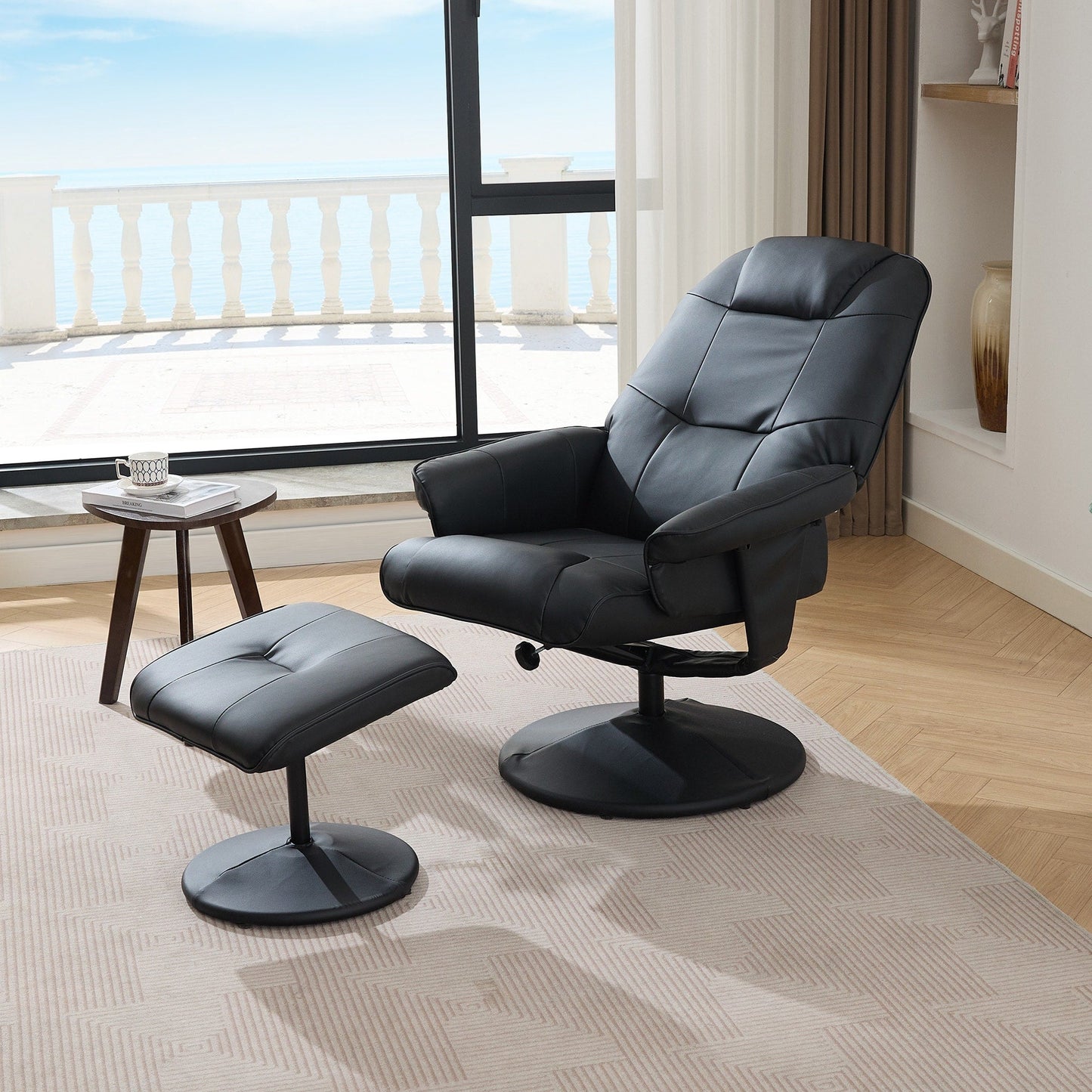 PU Leather Recliner with Ottoman, 360° Swivel Lounge Chair Featuring 5-Point Vibration, Heated Seat & 140° Adjustable Backrest