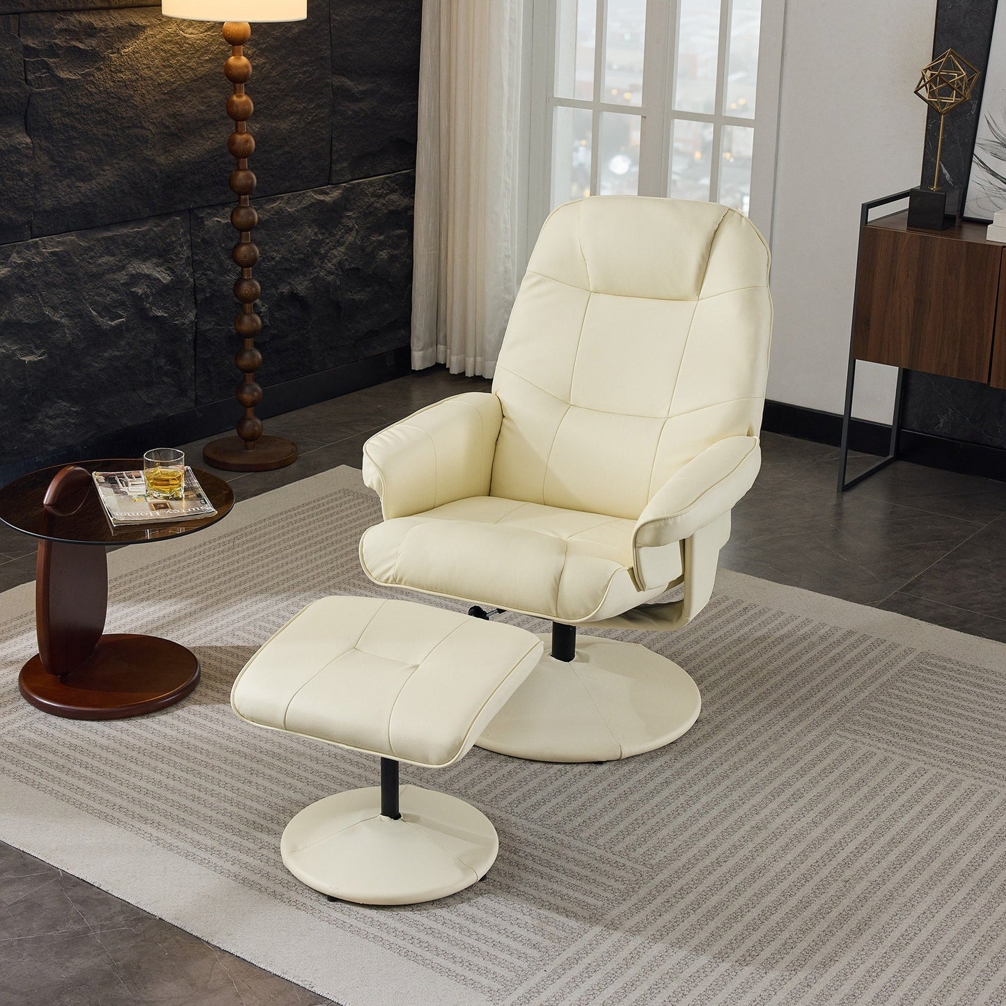 PU Leather Recliner with Ottoman, 360° Swivel Lounge Chair Featuring 5-Point Vibration, Heated Seat & 140° Adjustable Backrest