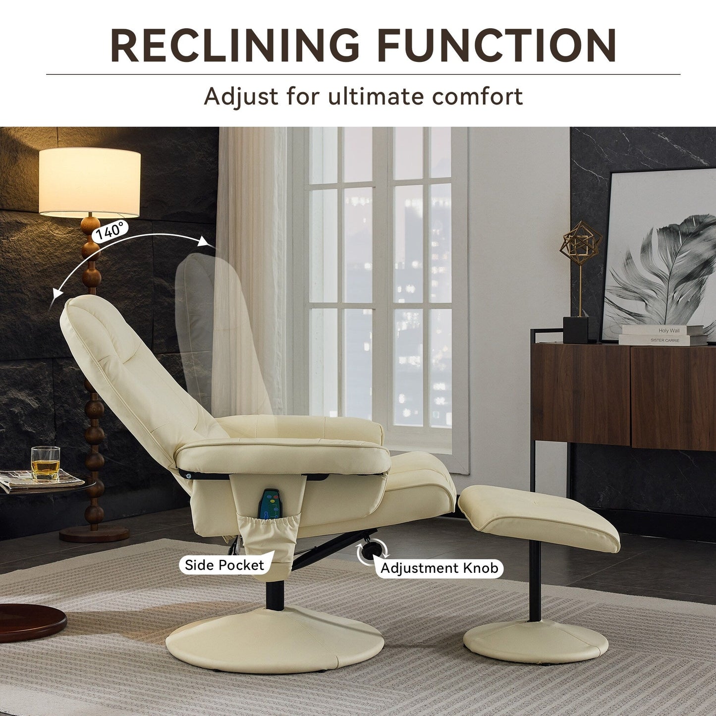 PU Leather Recliner with Ottoman, 360° Swivel Lounge Chair Featuring 5-Point Vibration, Heated Seat & 140° Adjustable Backrest