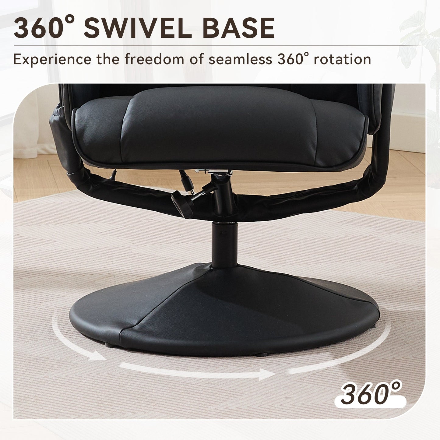 PU Leather Recliner with Ottoman, 360° Swivel Lounge Chair Featuring 5-Point Vibration, Heated Seat & 140° Adjustable Backrest