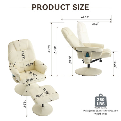 PU Leather Recliner with Ottoman, 360° Swivel Lounge Chair Featuring 5-Point Vibration, Heated Seat & 140° Adjustable Backrest