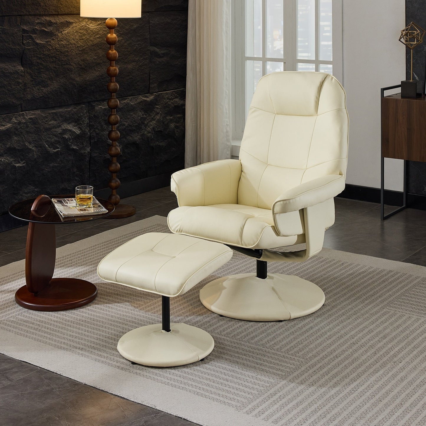 PU Leather Recliner with Ottoman, 360° Swivel Lounge Chair Featuring 5-Point Vibration, Heated Seat & 140° Adjustable Backrest