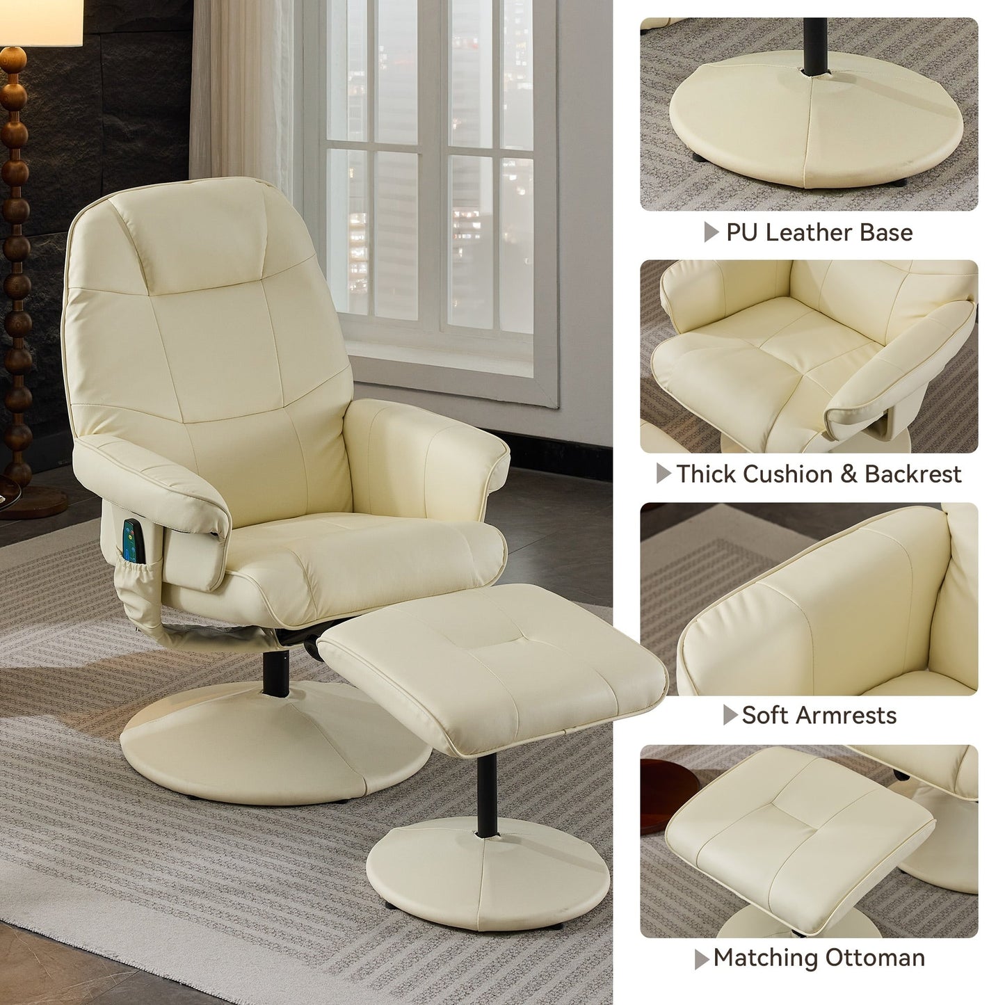 PU Leather Recliner with Ottoman, 360° Swivel Lounge Chair Featuring 5-Point Vibration, Heated Seat & 140° Adjustable Backrest