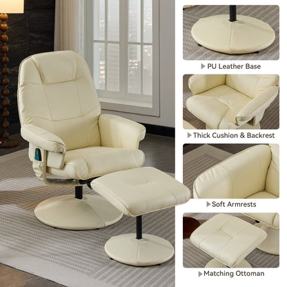 PU Leather Recliner with Ottoman, 360° Swivel Lounge Chair Featuring 5-Point Vibration, Heated Seat & 140° Adjustable Backrest