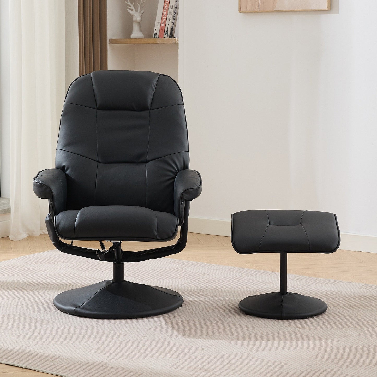 PU Leather Recliner with Ottoman, 360° Swivel Lounge Chair Featuring 5-Point Vibration, Heated Seat & 140° Adjustable Backrest