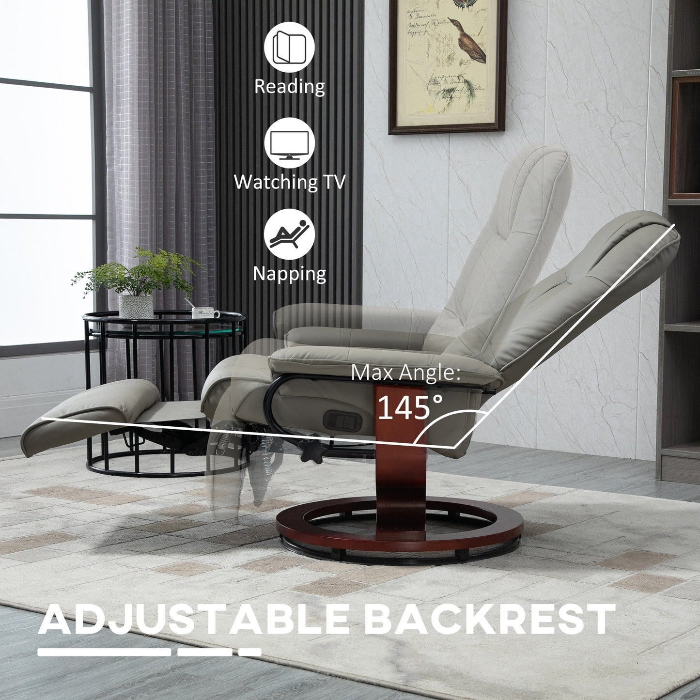 PU Leather Recliner with Wooden Swivel Base, Manual Recline, Padded Armrests, and Footrest