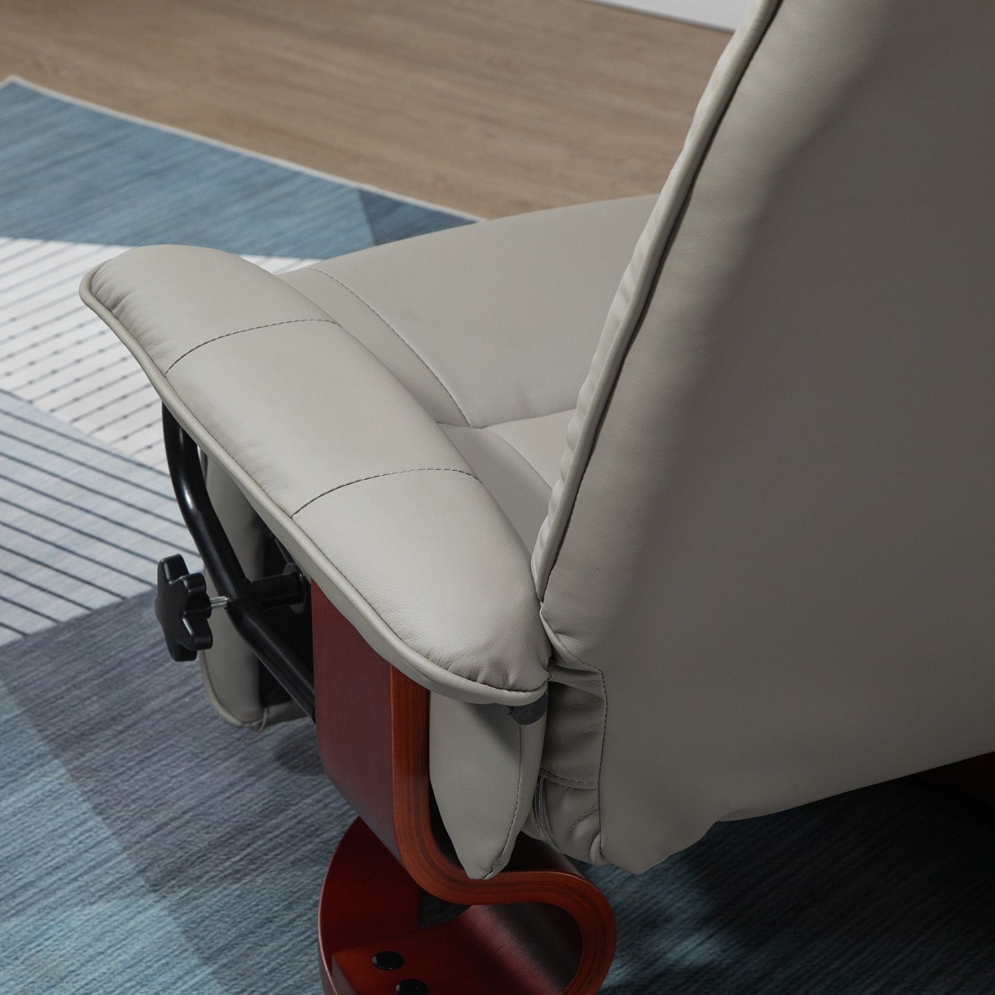 PU Leather Recliner with Wooden Swivel Base, Manual Recline, Padded Armrests, and Footrest