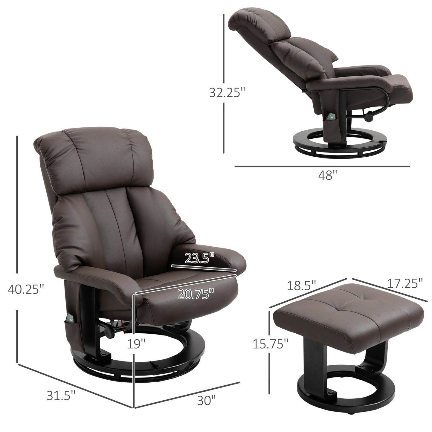 PU Leather Reclining Massage Chair with Ottoman, 360° Swivel Base, and Remote-Controlled Vibration