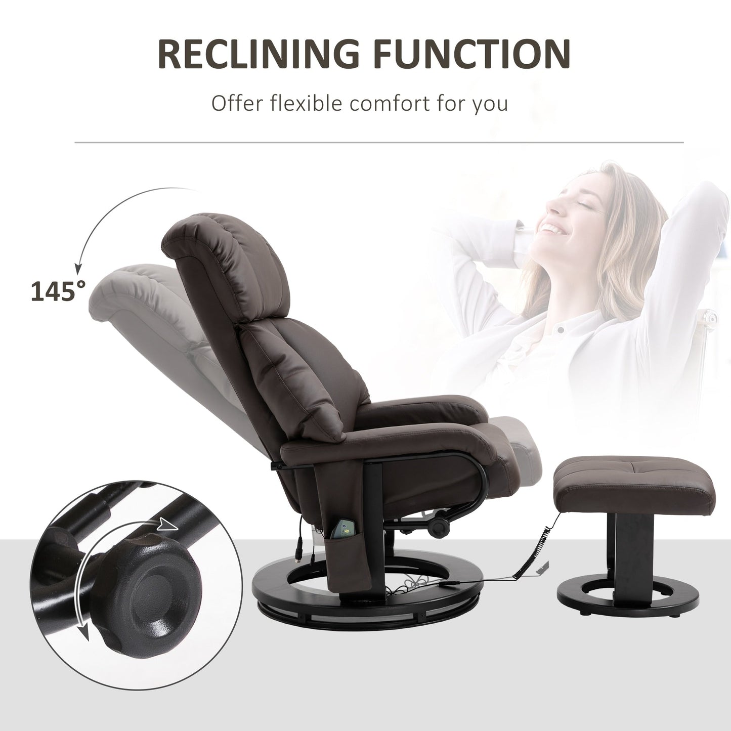 PU Leather Reclining Massage Chair with Ottoman, 360° Swivel Base, and Remote-Controlled Vibration