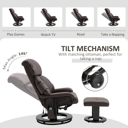 PU Leather Reclining Massage Chair with Ottoman, 360° Swivel Base, and Remote-Controlled Vibration