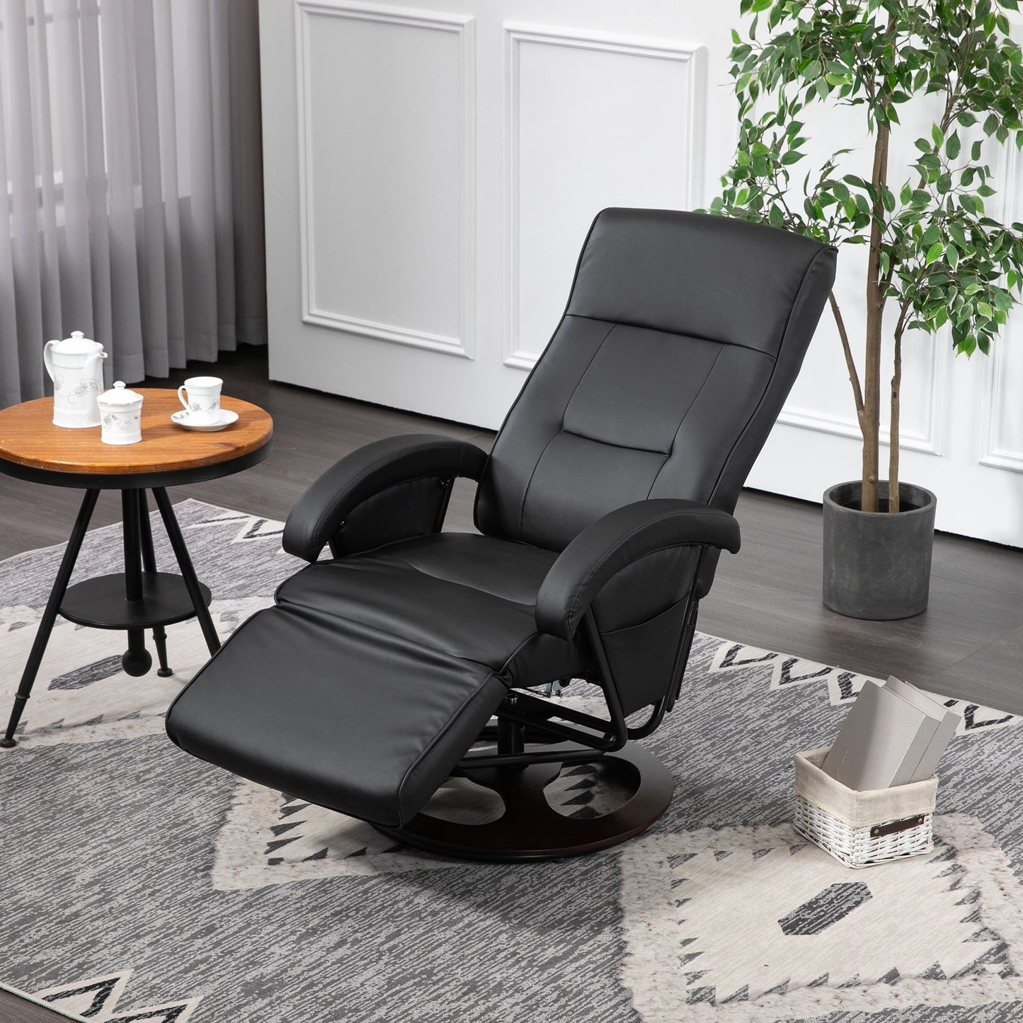 PU Leather Swivel Recliner Chair with 135° Adjustable Backrest, Footrest & Wooden Base for Living Room Relaxation