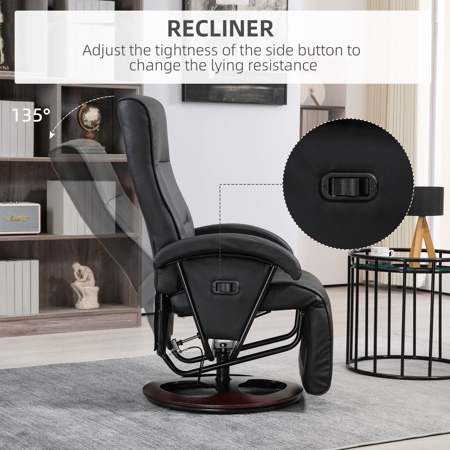PU Leather Swivel Recliner Chair with 135° Adjustable Backrest, Footrest & Wooden Base for Living Room Relaxation