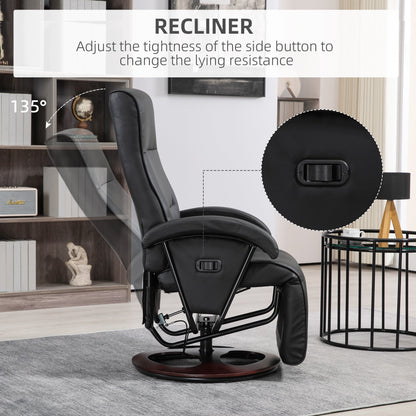 PU Leather Swivel Recliner Chair with 135° Adjustable Backrest, Footrest & Wooden Base for Living Room Relaxation