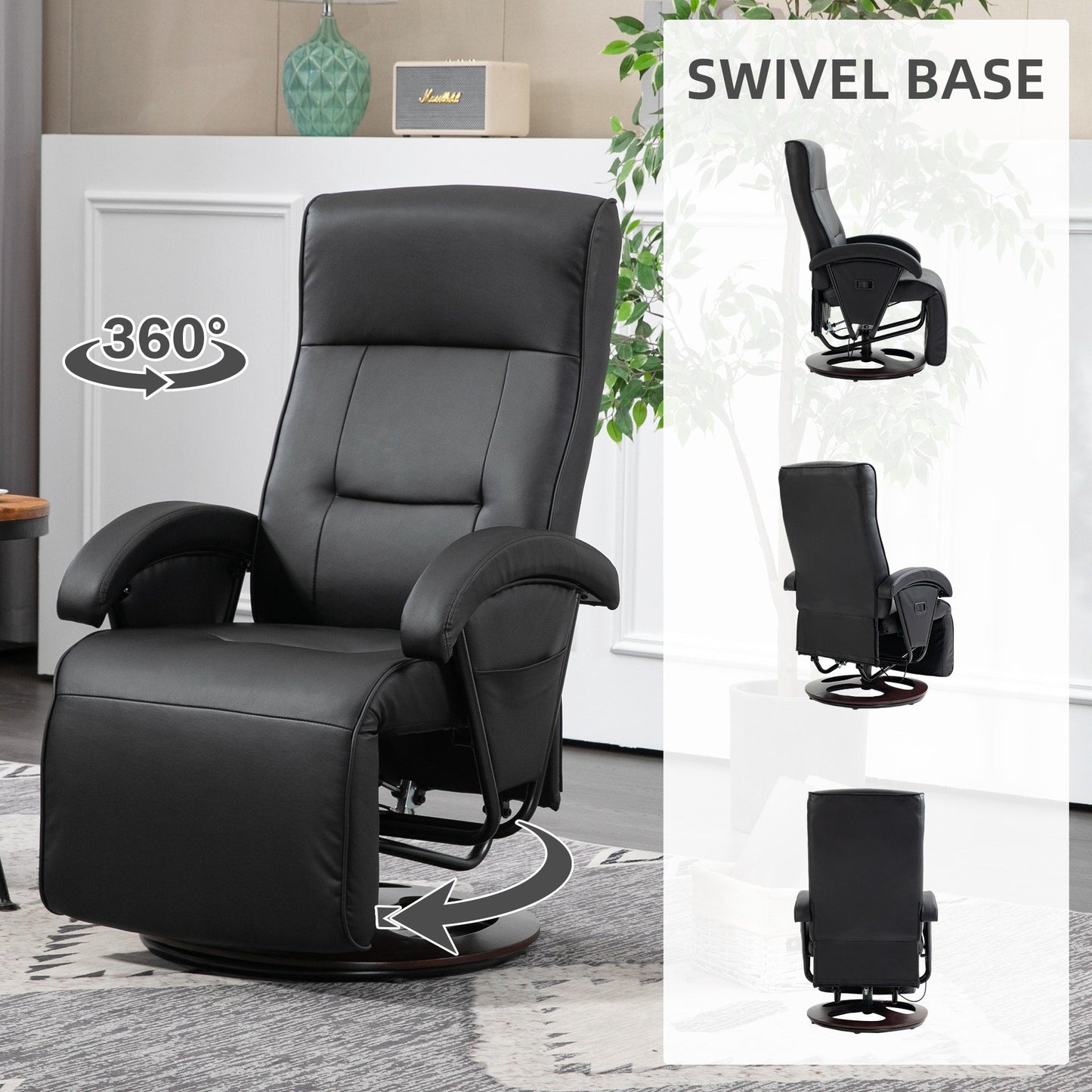 PU Leather Swivel Recliner Chair with 135° Adjustable Backrest, Footrest & Wooden Base for Living Room Relaxation