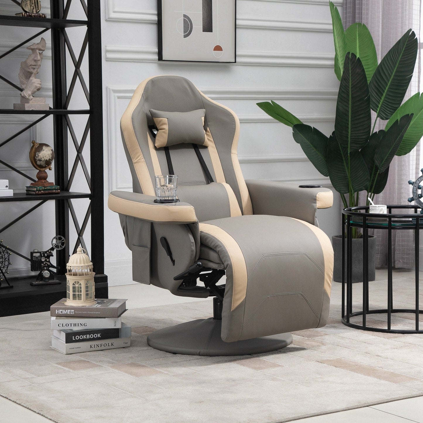 PU Leather Swivel Recliner with Adjustable Footrest, Built-In Cup Holder, and Storage Pocket
