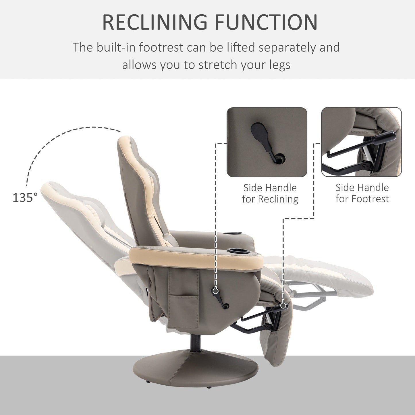 PU Leather Swivel Recliner with Adjustable Footrest, Built-In Cup Holder, and Storage Pocket