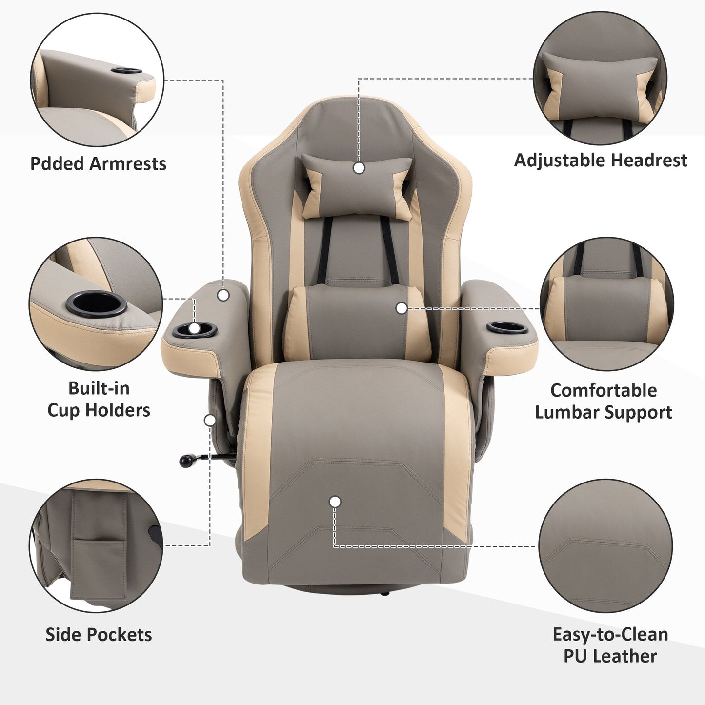 PU Leather Swivel Recliner with Adjustable Footrest, Built-In Cup Holder, and Storage Pocket