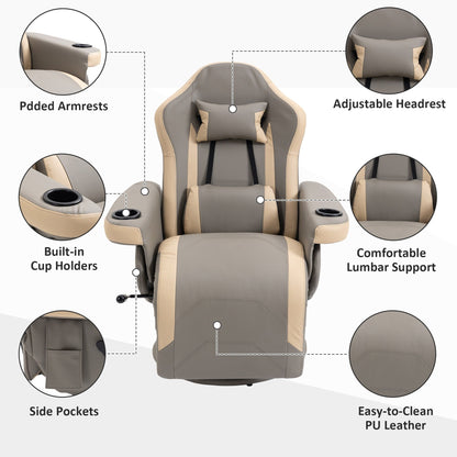 PU Leather Swivel Recliner with Adjustable Footrest, Built-In Cup Holder, and Storage Pocket