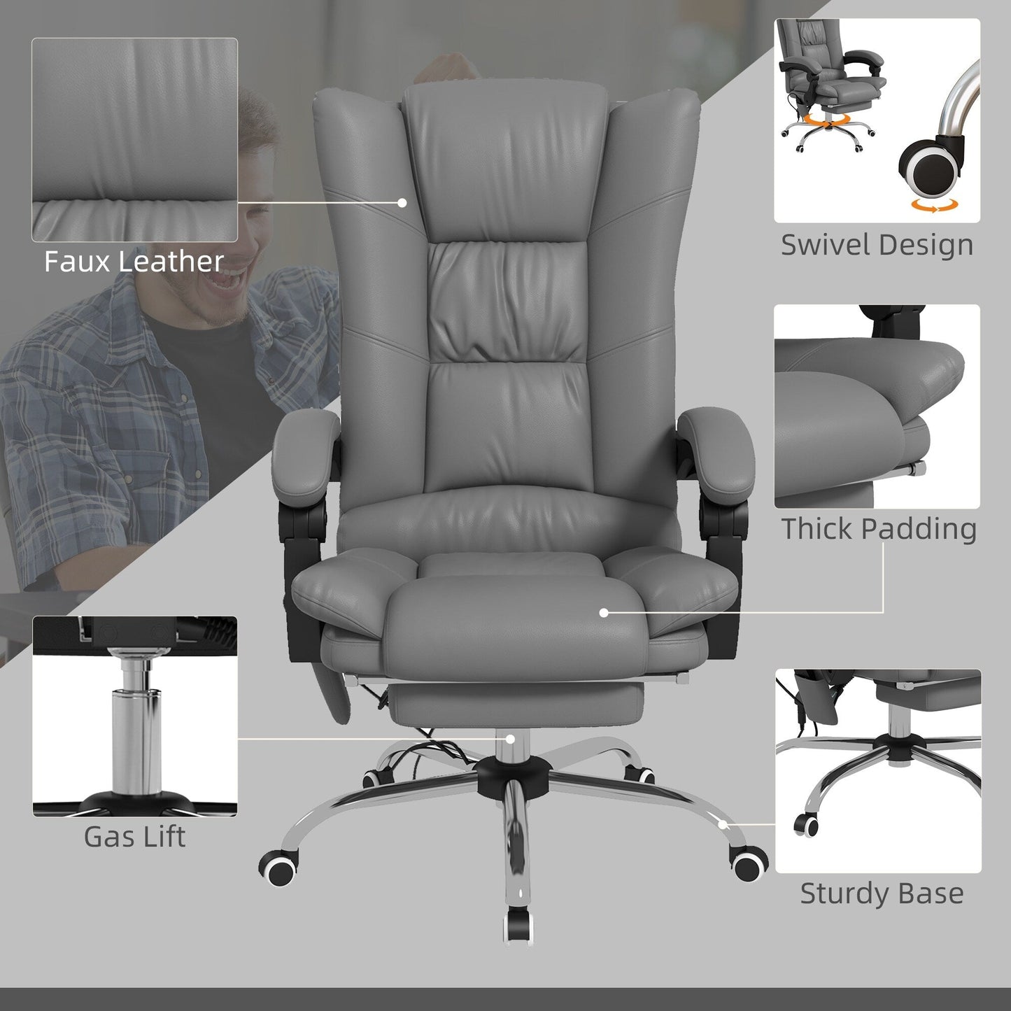 PU Leather Vibration Massage Office Chair with Heating, 135 Reclining Backrest, Adjustable Footrest and Remote Control