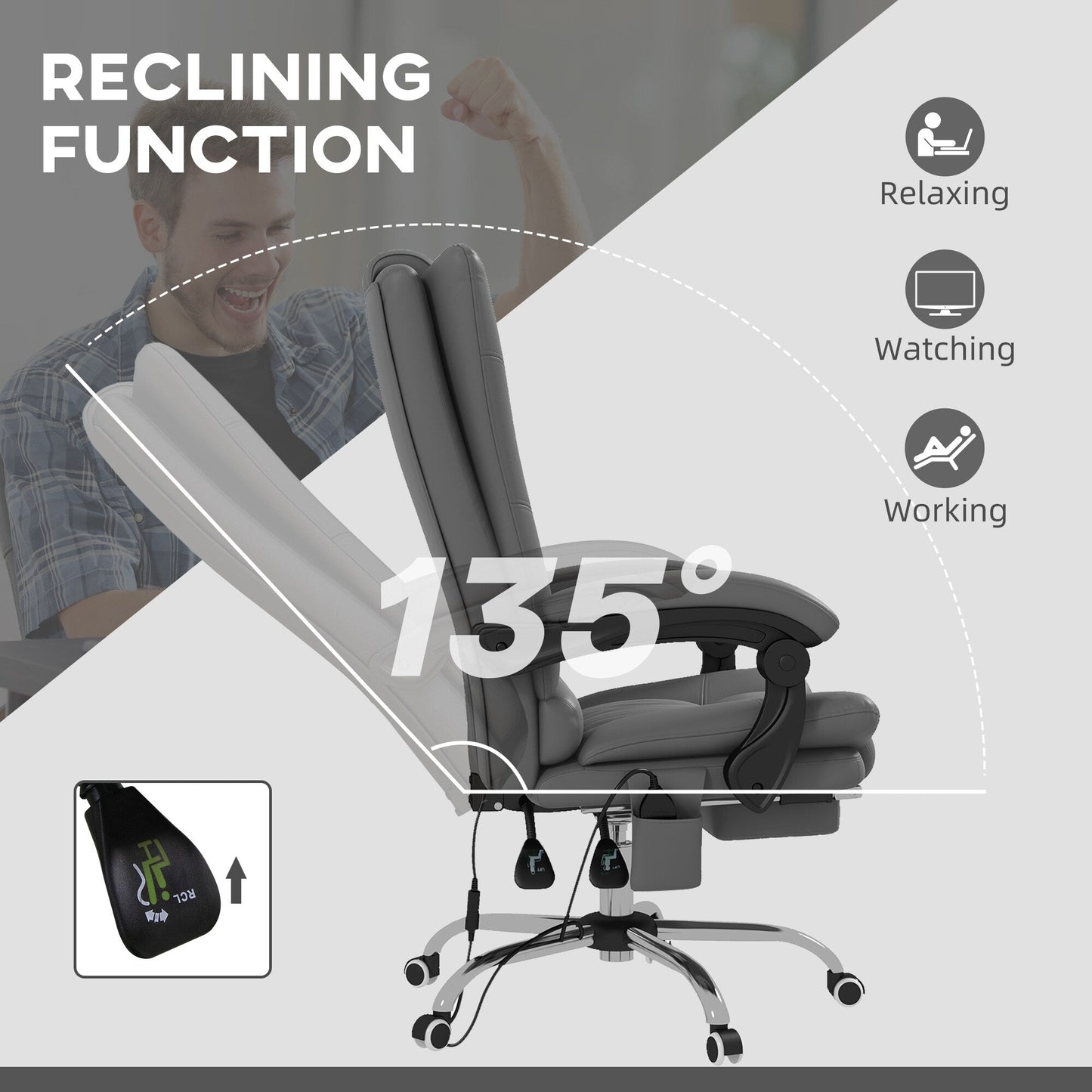 PU Leather Vibration Massage Office Chair with Heating, 135 Reclining Backrest, Adjustable Footrest and Remote Control