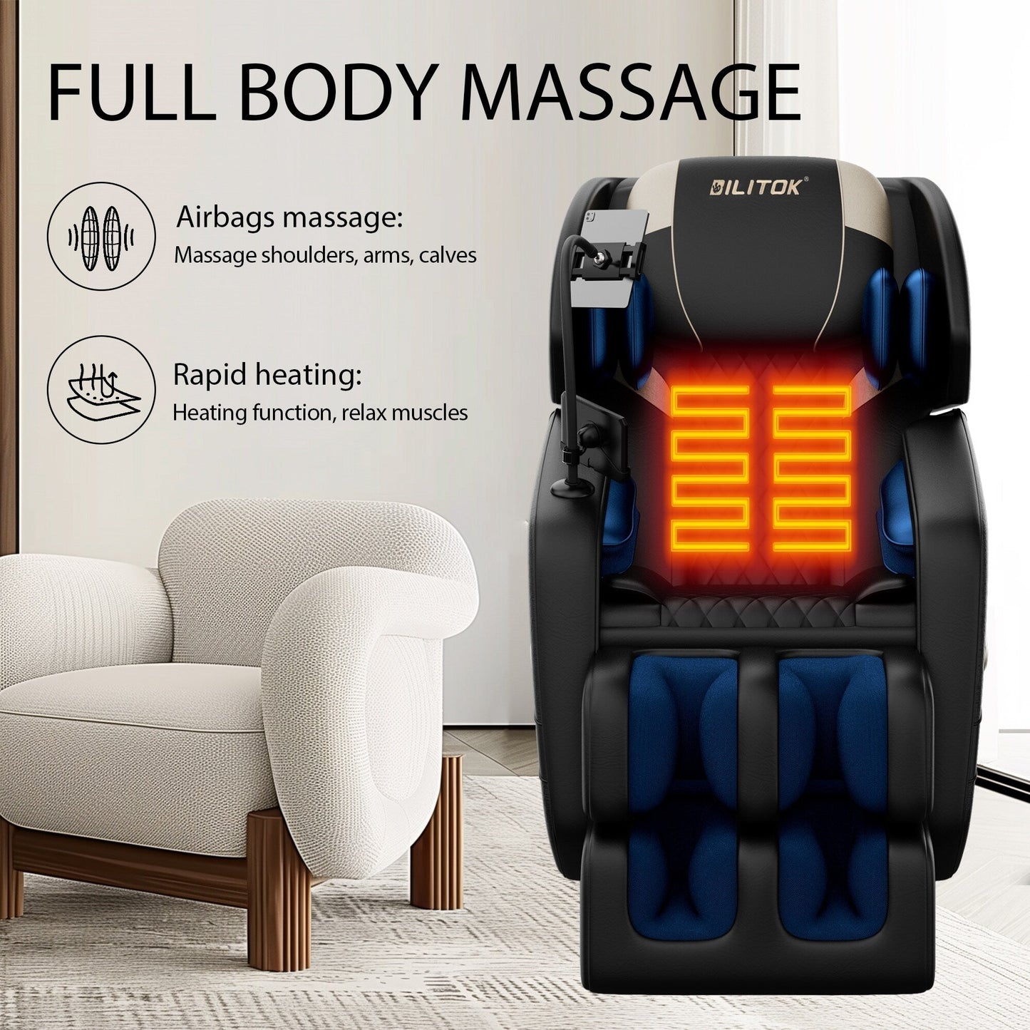PU Leather Zero Gravity Full-Body Massage Chair with Foot Roller, Lumbar Heat, and Bluetooth Speakers