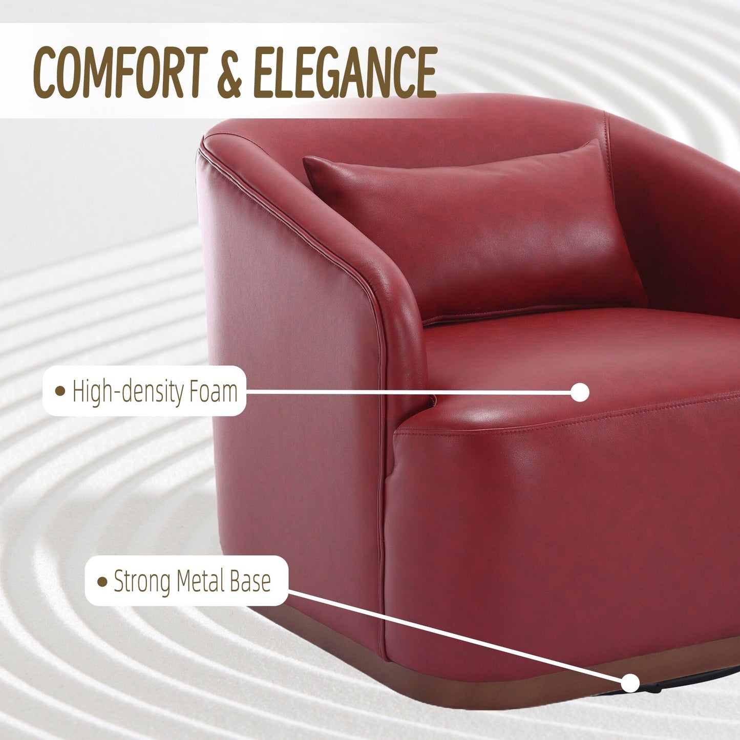 PU Swivel Barrel Chair, 360-Degree Rotating Club Chair for Living Room, or Lounge, Comfortable Accent Chair with Metal Base