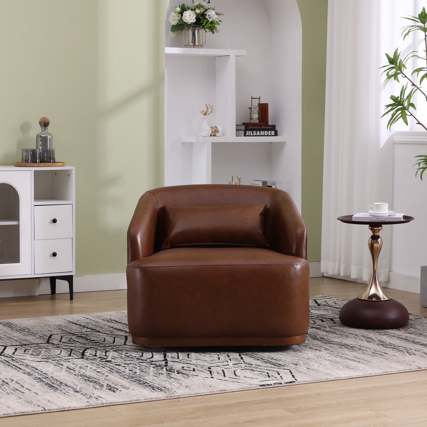 PU Swivel Barrel Chair, 360-Degree Rotating Club Chair for Living Room, or Lounge, Comfortable Accent Chair with Metal Base