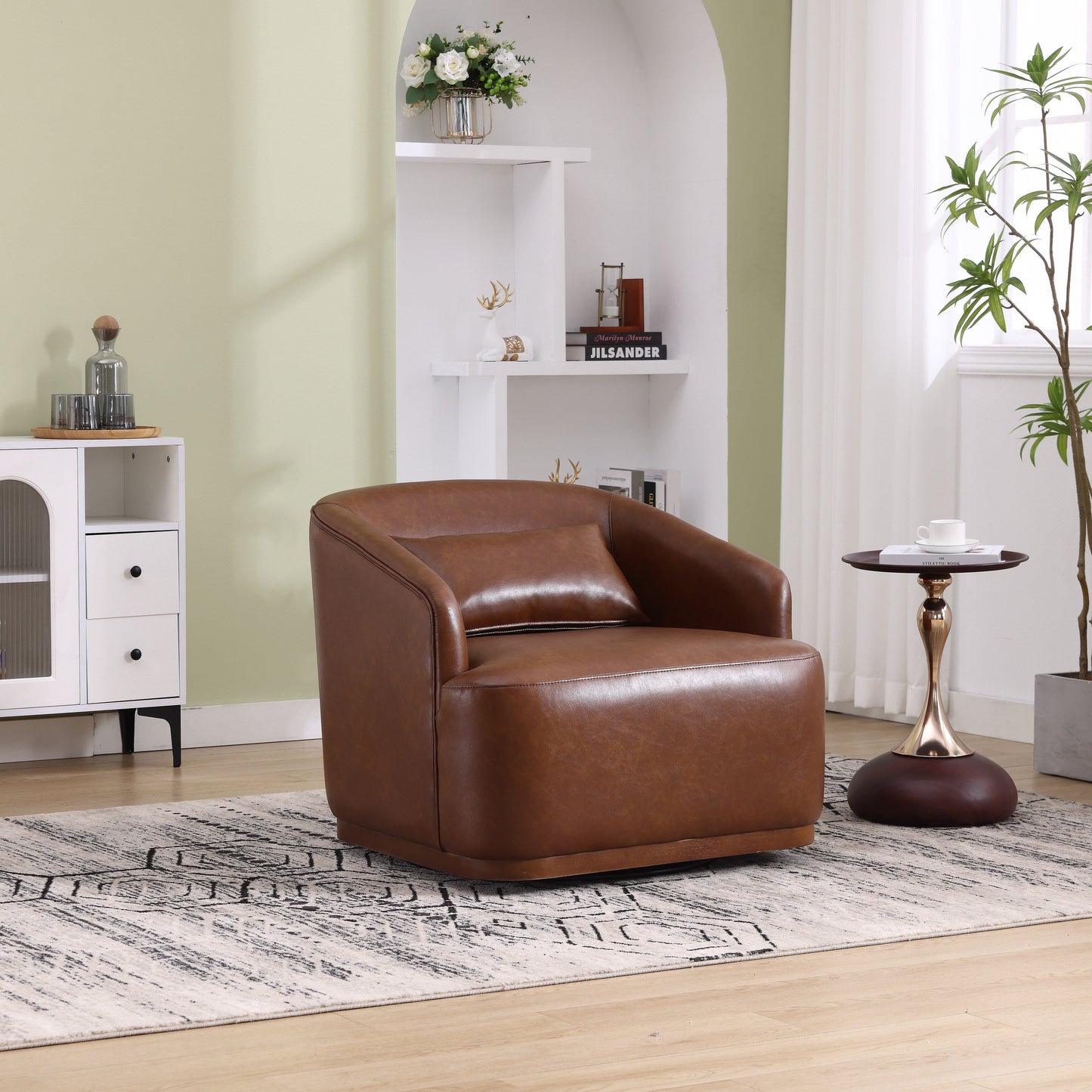 PU Swivel Barrel Chair, 360-Degree Rotating Club Chair for Living Room, or Lounge, Comfortable Accent Chair with Metal Base