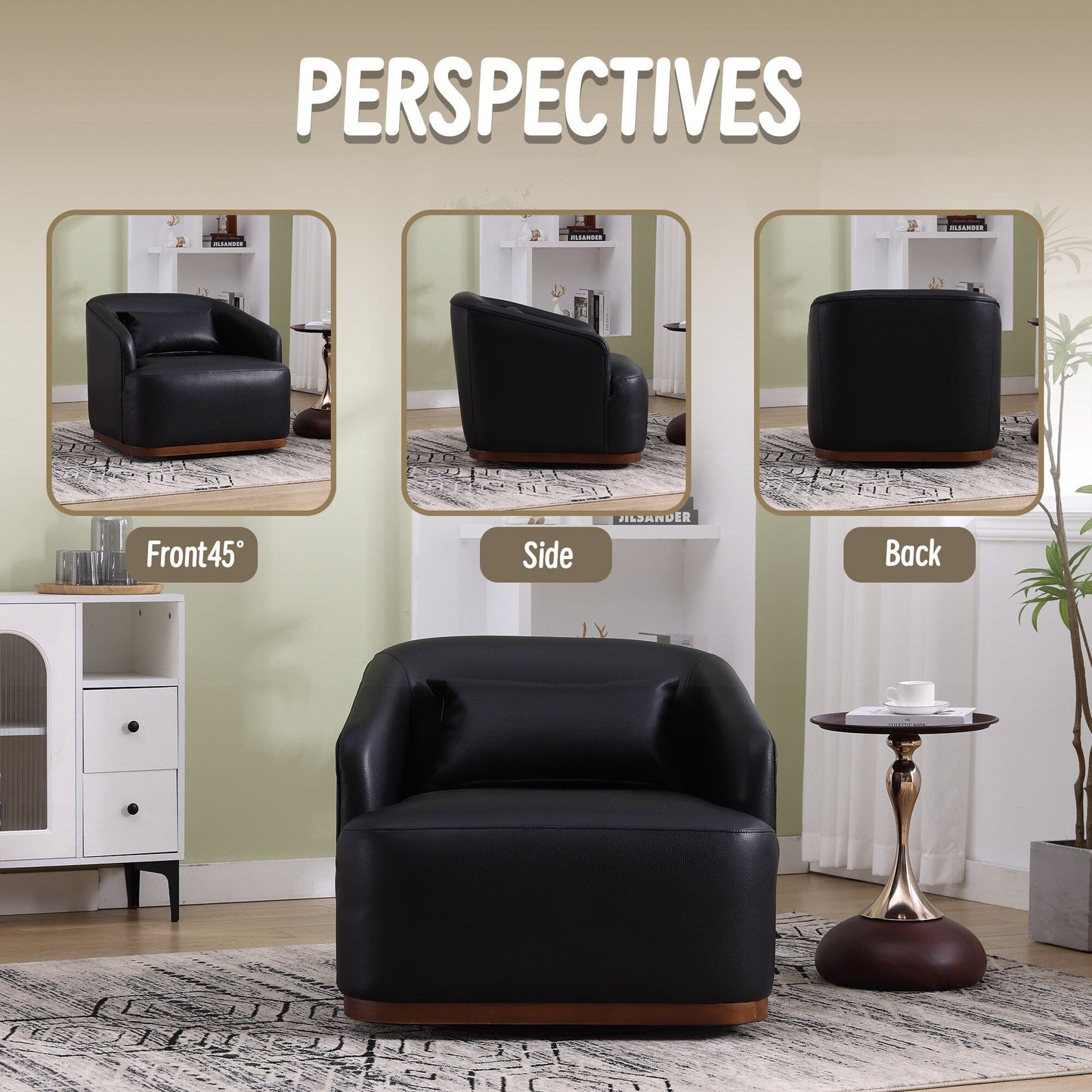 PU Swivel Barrel Chair, 360-Degree Rotating Club Chair for Living Room, or Lounge, Comfortable Accent Chair with Metal Base