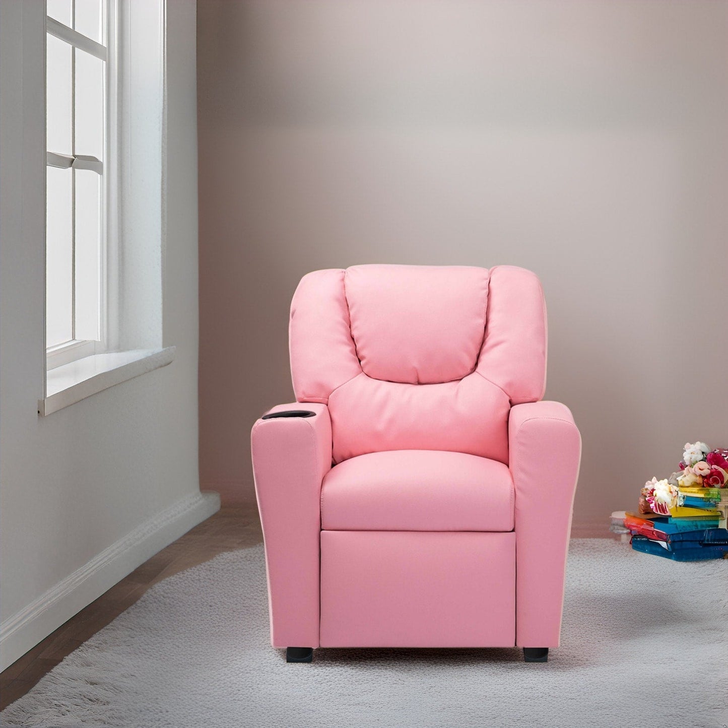 PVC Kids Recliner Chair with Push-Back Reclining Function, Cup Holder, and Comfortable Footres