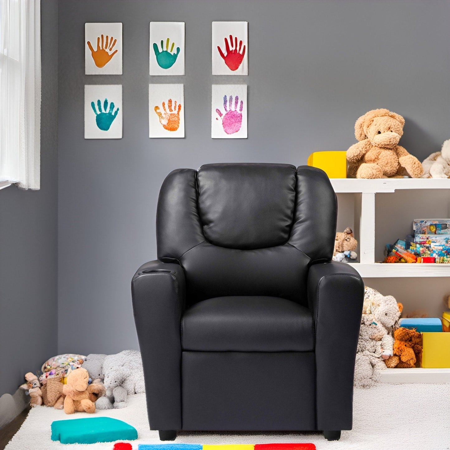 PVC Kids Recliner Chair with Push-Back Reclining Function, Cup Holder, and Comfortable Footres